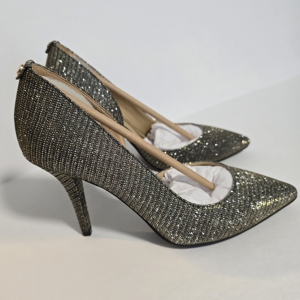 New Michael Kors Nathalie Flex High Pump Black Gold Glitter Mesh, Size 7.5M - Picture 5 of 17